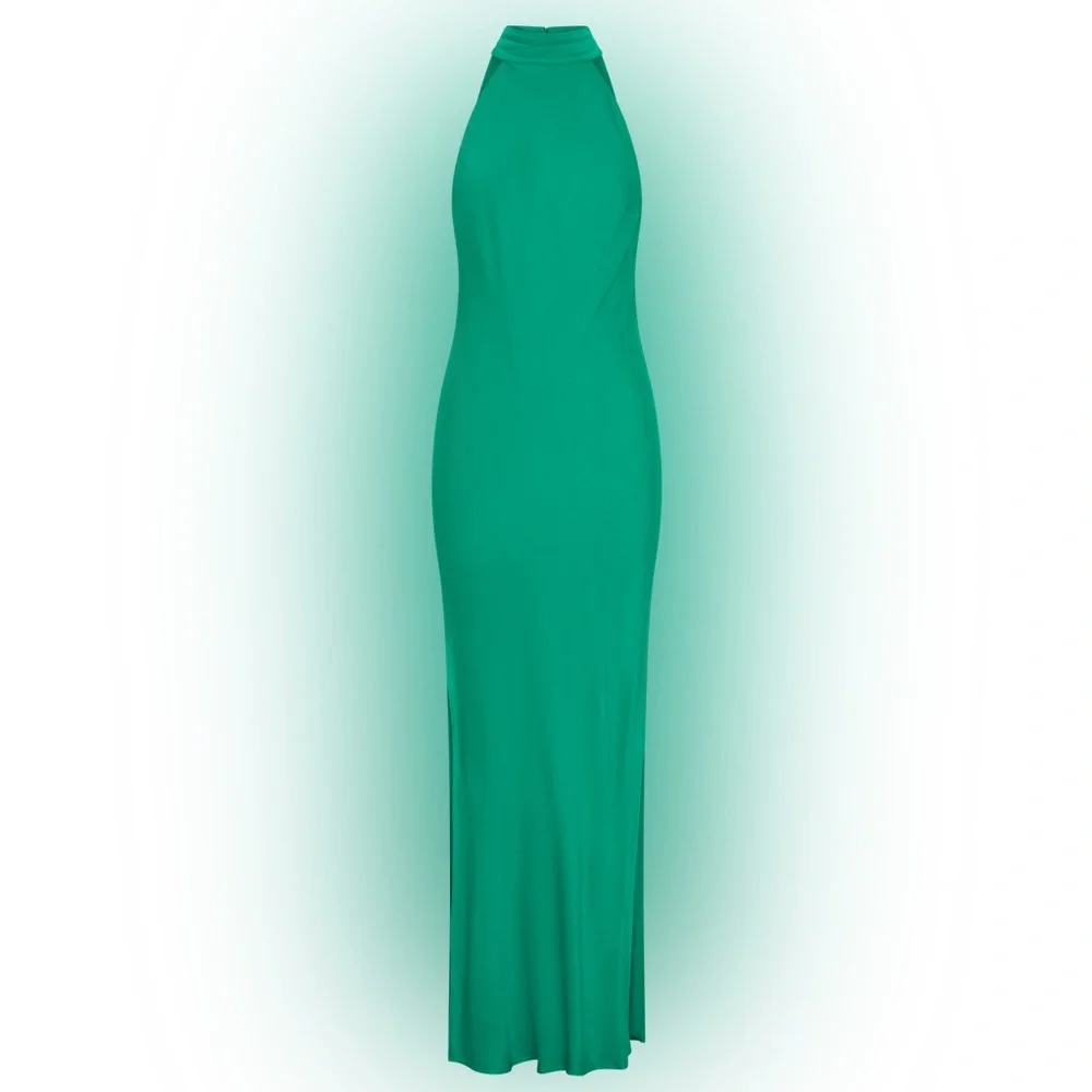 Meshki Claire Green Satin Drape Back Maxi Dress with Split - Picture 10 of 11